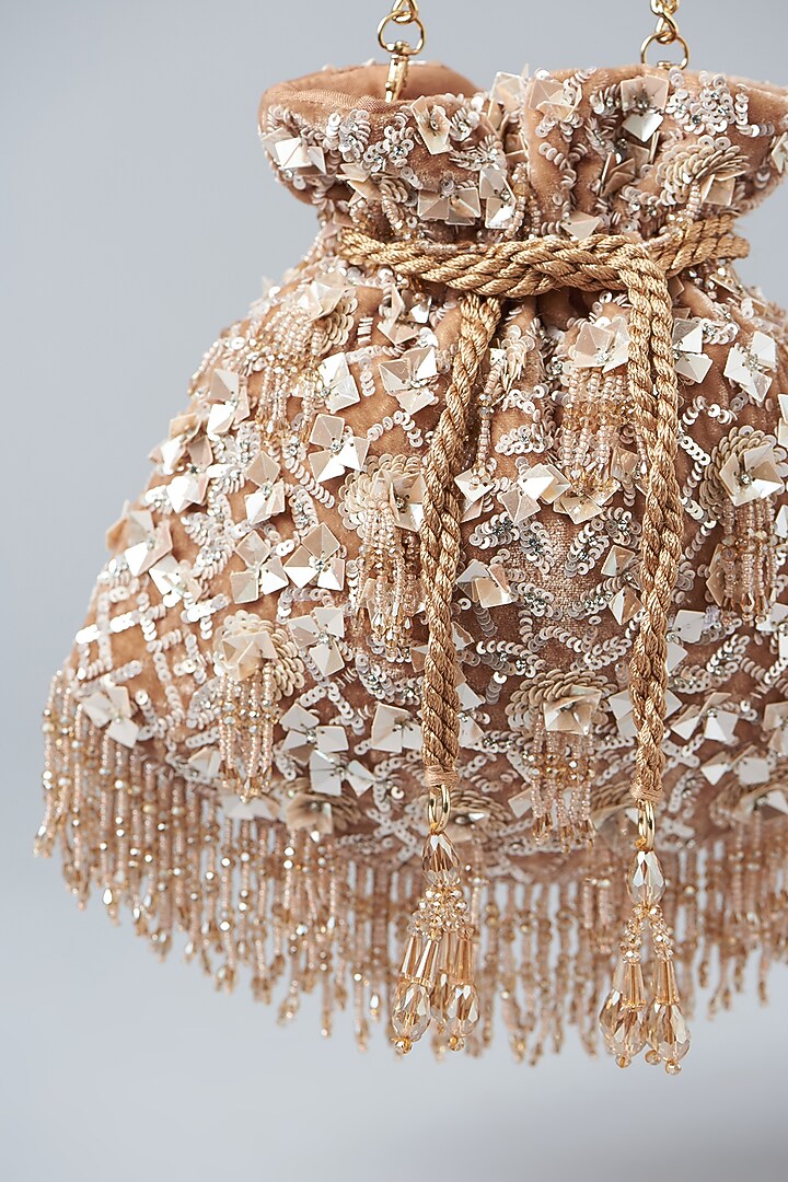 Tan Velvet Sequins Embroidered Potli Bag by Aanchal Sayal at Pernia's Pop Up Shop
