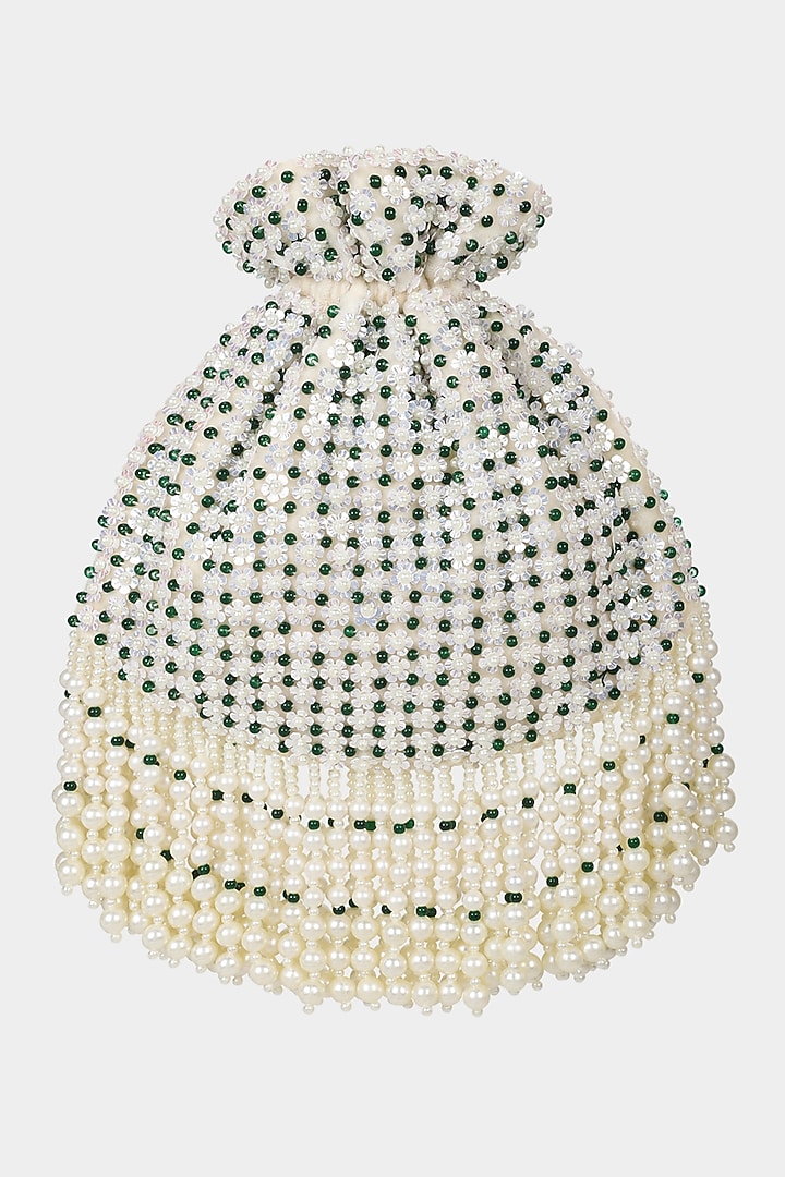 Ivory Velvet Sequins Floral Embroidered Potli by Aanchal Sayal  at Pernia's Pop Up Shop
