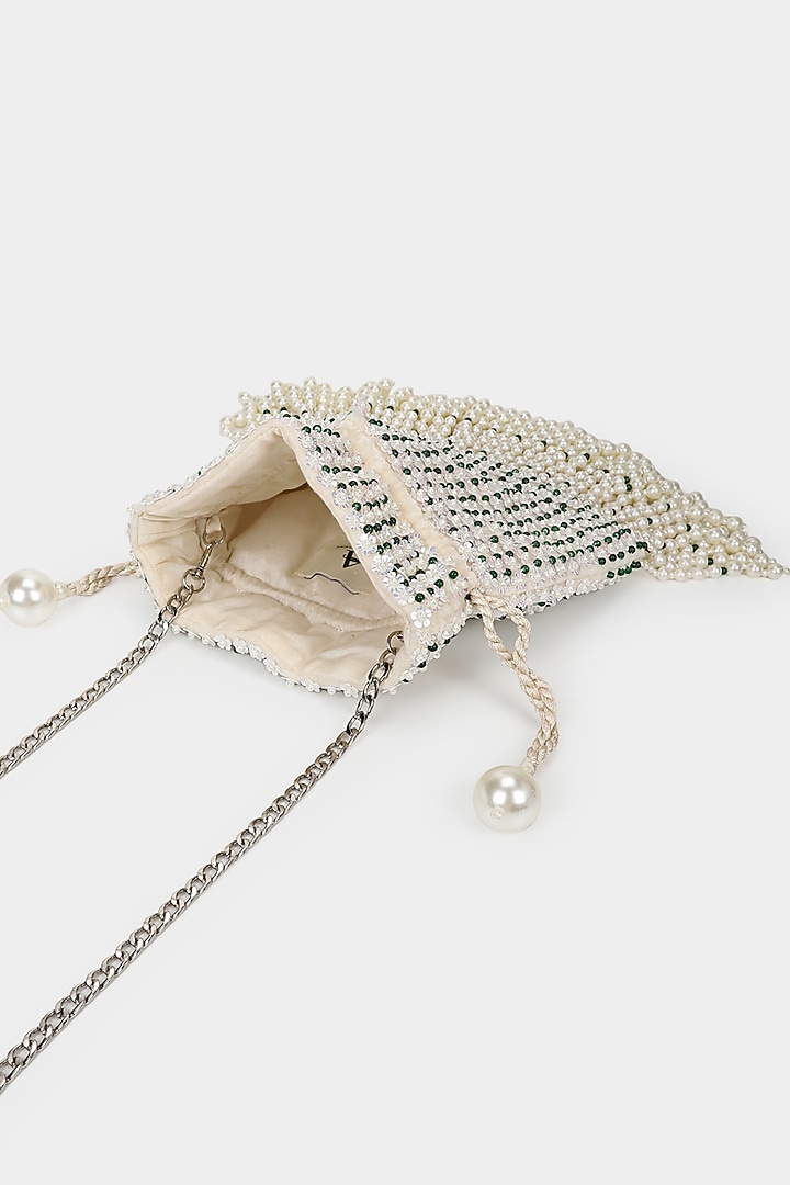 Ivory Velvet Sequins Floral Embroidered Potli by Aanchal Sayal  at Pernia's Pop Up Shop