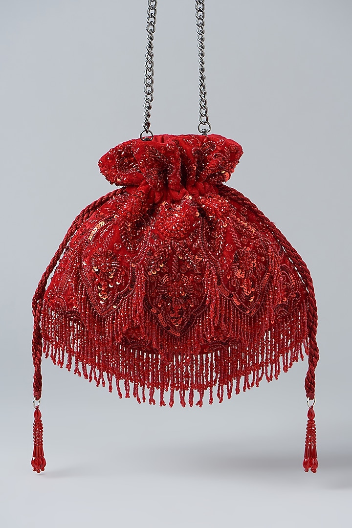 Red Velvet Sequins Embroidered Potli Bag by Aanchal Sayal at Pernia's Pop Up Shop