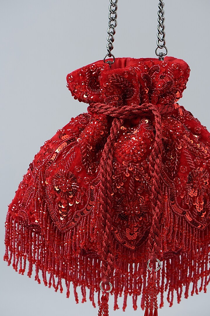Red Velvet Sequins Embroidered Potli Bag by Aanchal Sayal at Pernia's Pop Up Shop