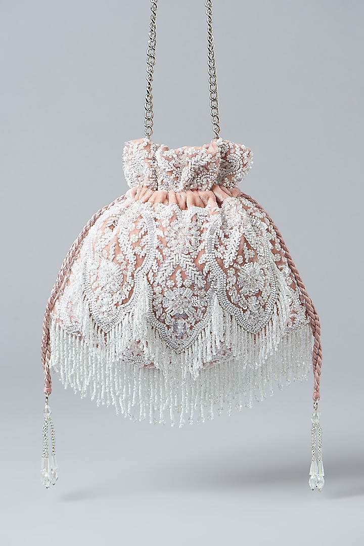Nude Pink Velvet Sequins Embroidered Potli Bag by Aanchal Sayal at Pernia's Pop Up Shop