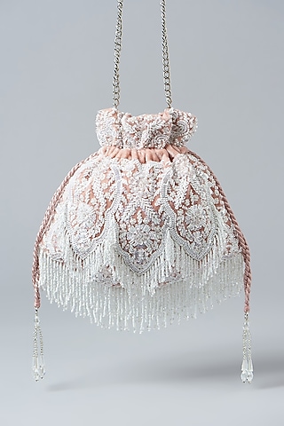 Nude Pink Velvet Sequins Embroidered Potli Bag by Aanchal Sayal