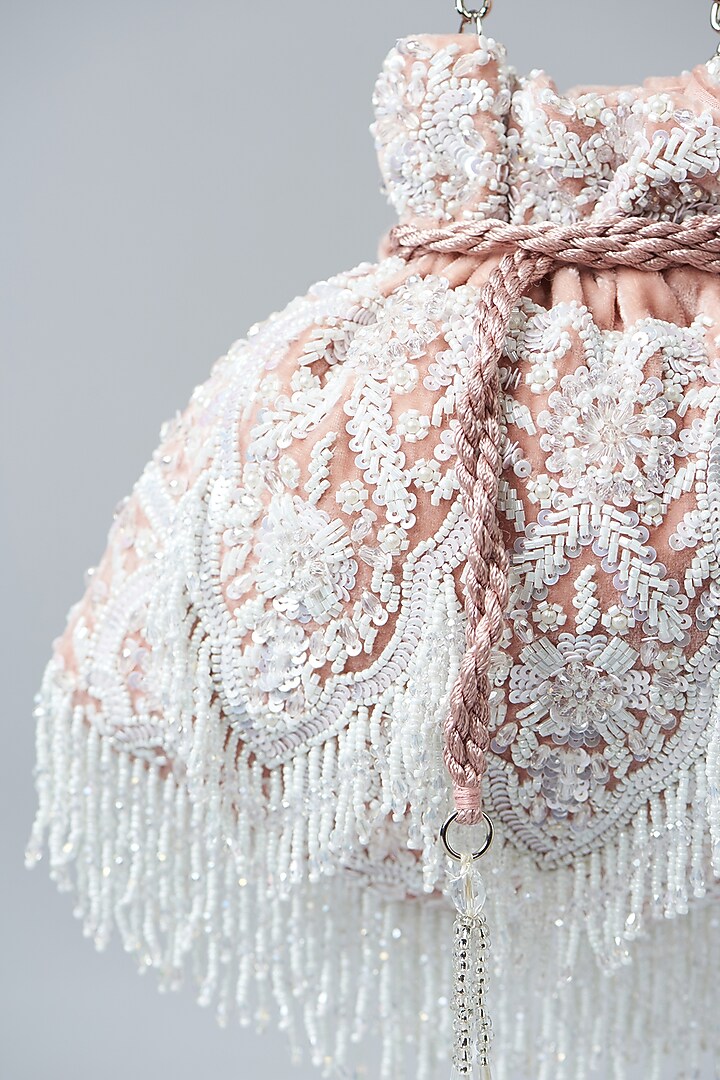 Nude Pink Velvet Sequins Embroidered Potli Bag by Aanchal Sayal at Pernia's Pop Up Shop