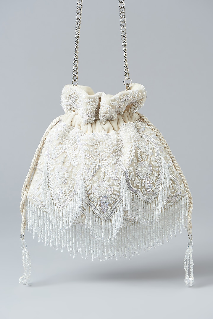 Ivory Velvet Sequins Embroidered Potli Bag by Aanchal Sayal at Pernia's Pop Up Shop