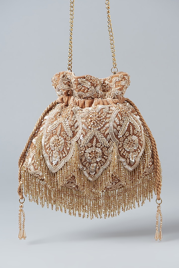 Tan Velvet Sequins Embroidered Potli Bag by Aanchal Sayal at Pernia's Pop Up Shop