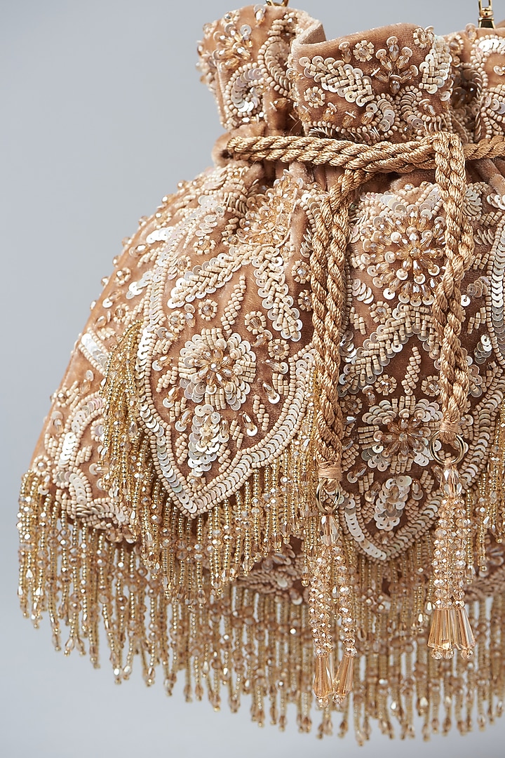 Tan Velvet Sequins Embroidered Potli Bag by Aanchal Sayal at Pernia's Pop Up Shop