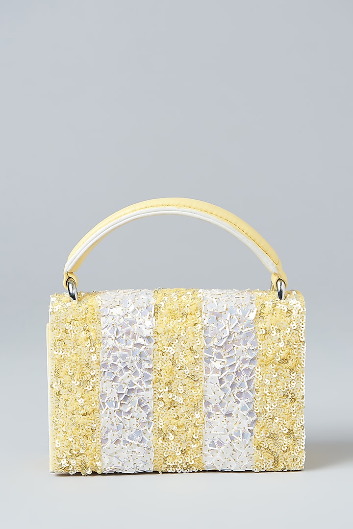 Lemon & Ivory Faux Leather Sequins Embroidered Clutch by Aanchal Sayal at Pernia's Pop Up Shop