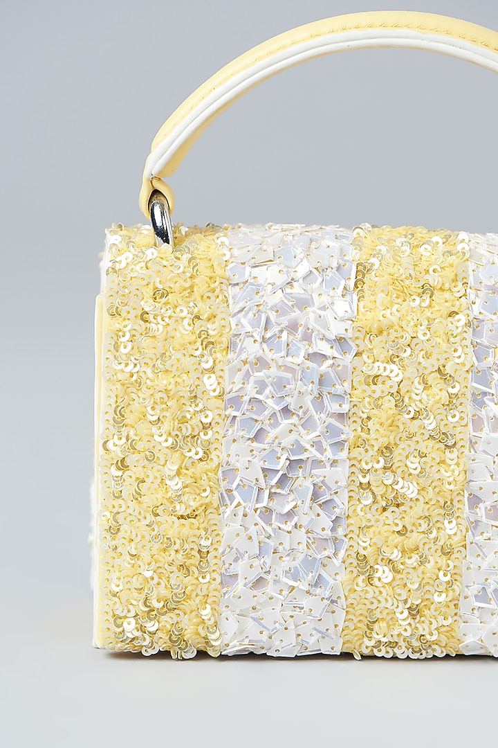 Lemon & Ivory Faux Leather Sequins Embroidered Clutch by Aanchal Sayal at Pernia's Pop Up Shop