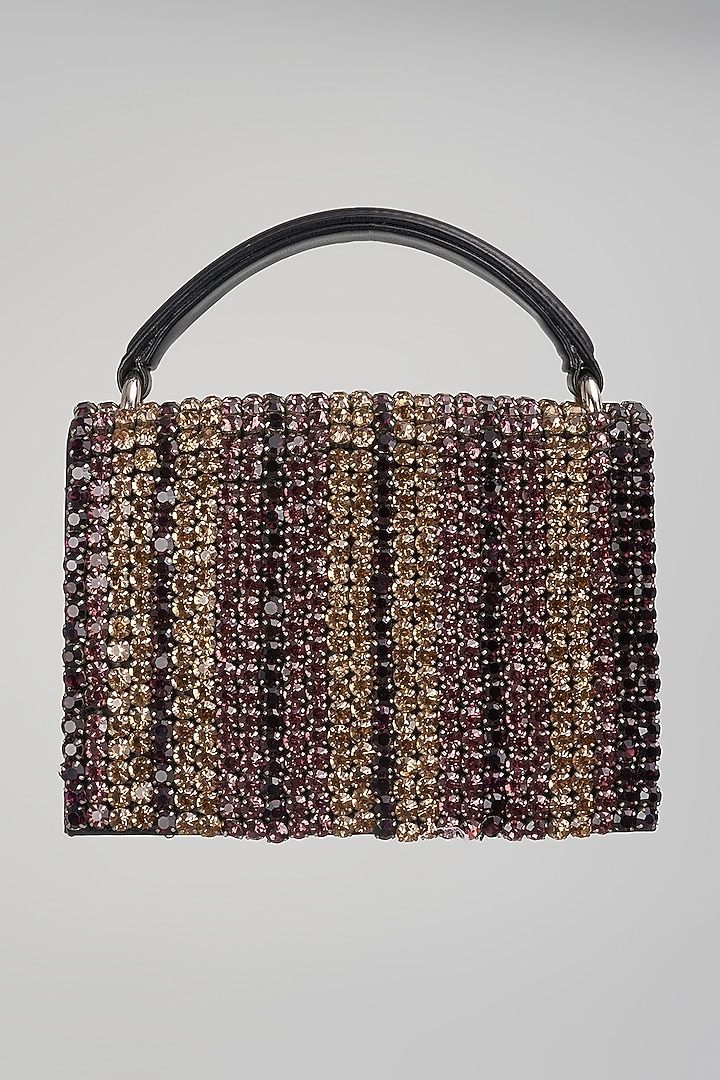 Black & Gold Faux Leather Crystal Embroidered Structured Bag by Aanchal Sayal at Pernia's Pop Up Shop