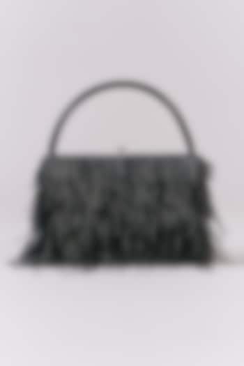 Black Faux Leather Feather & Pipe Work Clutch by Aanchal Sayal at Pernia's Pop Up Shop