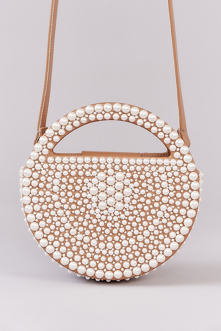 Tan Faux Leather Pearl Embroidered Clutch by Aanchal Sayal at Pernia's Pop Up Shop