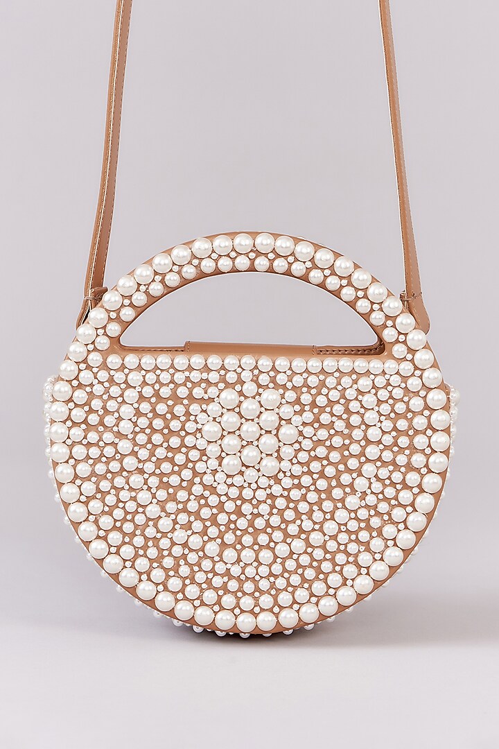 Tan Faux Leather Pearl Embroidered Clutch by Aanchal Sayal at Pernia's Pop Up Shop