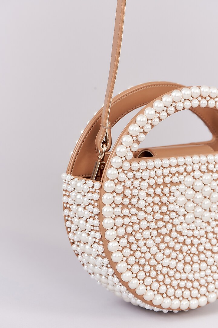 Tan Faux Leather Pearl Embroidered Clutch by Aanchal Sayal at Pernia's Pop Up Shop