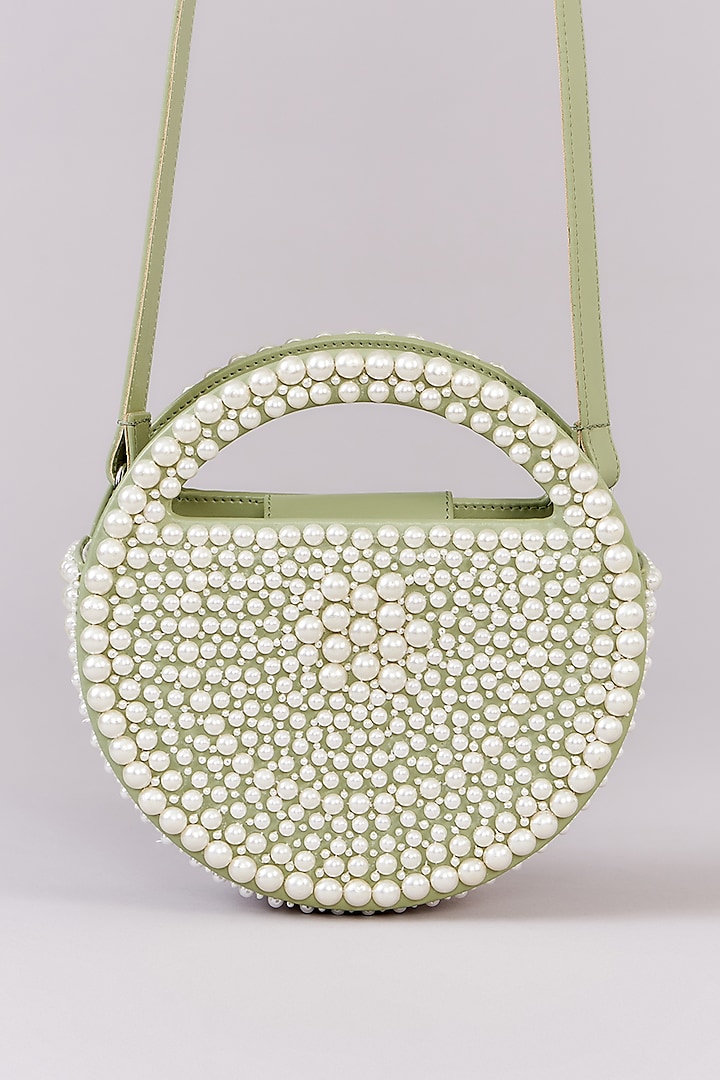 Mint Faux Leather Pearl Embroidered Clutch by Aanchal Sayal at Pernia's Pop Up Shop