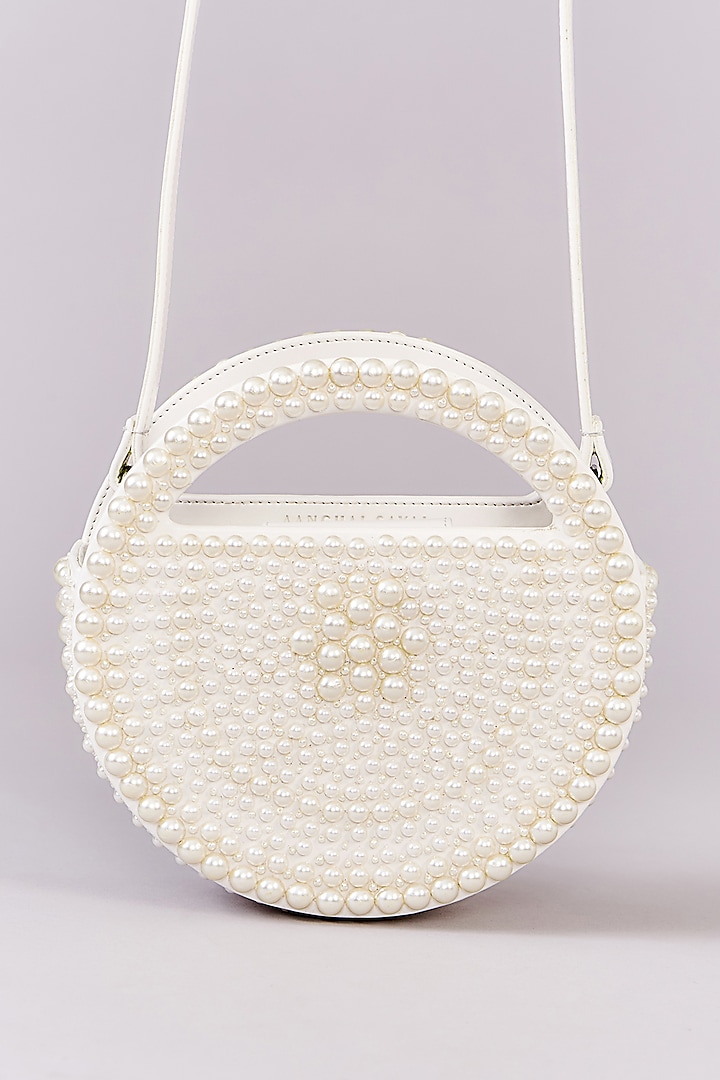 White Faux Leather Pearl Embroidered Clutch by Aanchal Sayal