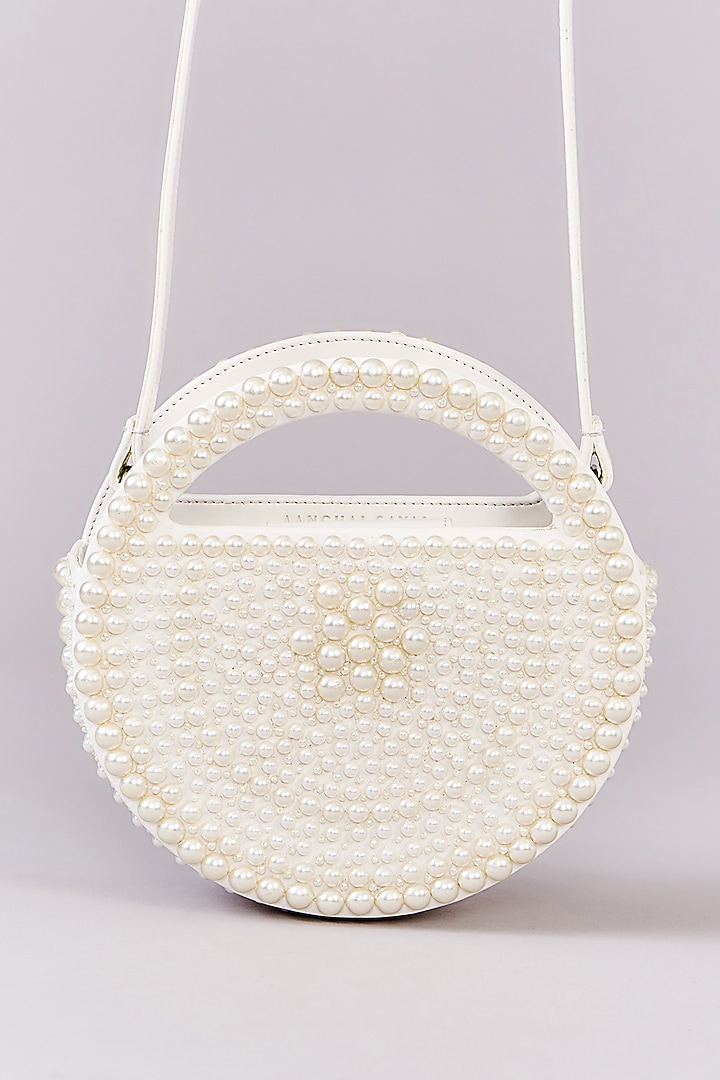 White Faux Leather Pearl Embroidered Clutch by Aanchal Sayal at Pernia's Pop Up Shop