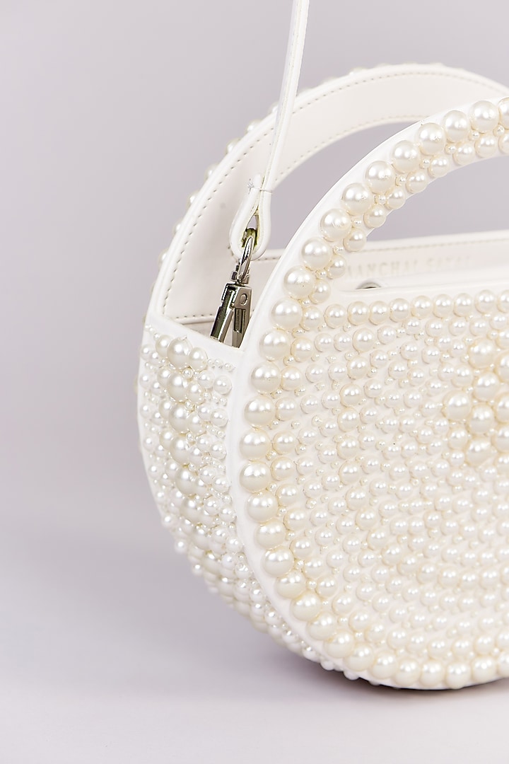White Faux Leather Pearl Embroidered Clutch by Aanchal Sayal at Pernia's Pop Up Shop
