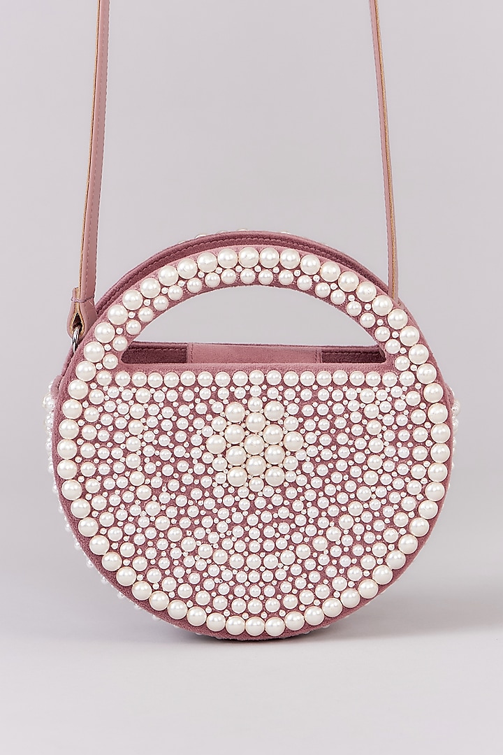 Blush Pink Faux Leather Pearl Embroidered Clutch by Aanchal Sayal at Pernia's Pop Up Shop