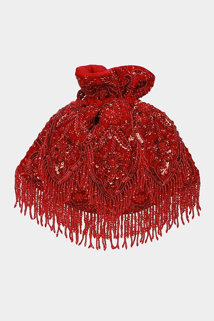 Red Velvet Sequins Embroidered Potli by Aanchal Sayal at Pernia's Pop Up Shop
