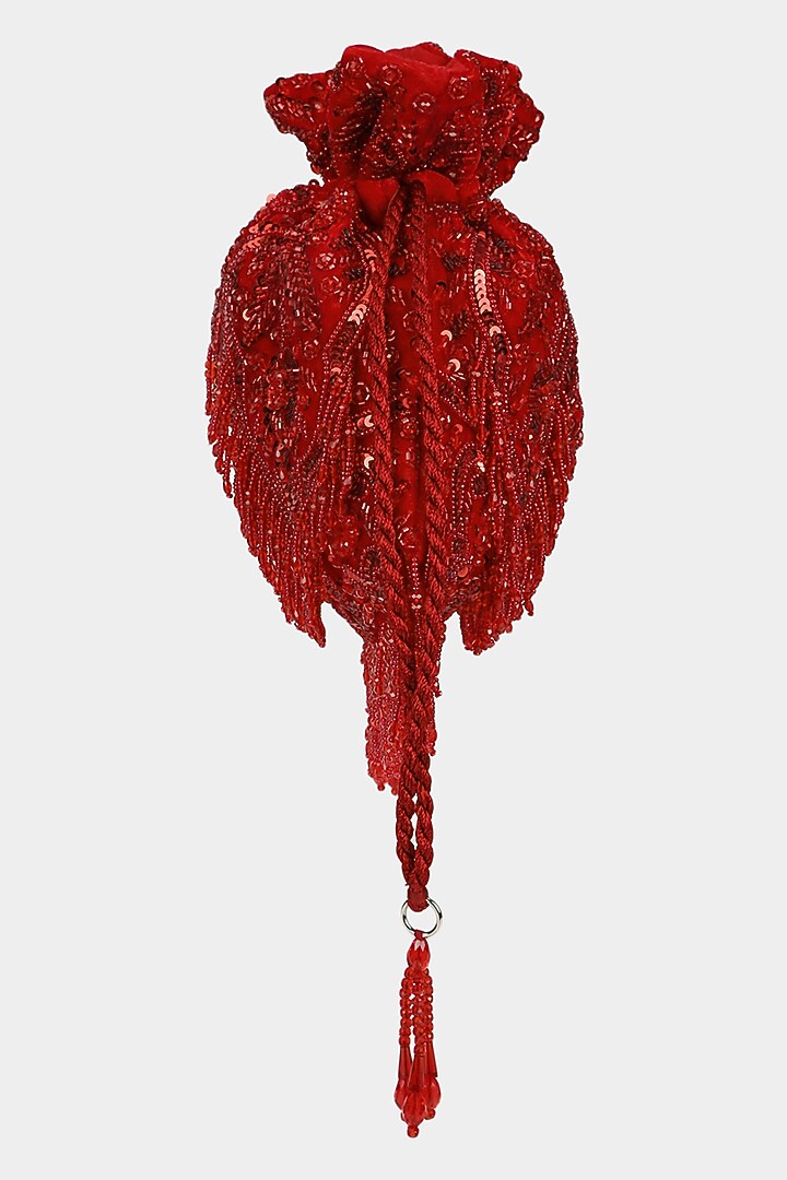 Red Velvet Sequins Embroidered Potli by Aanchal Sayal at Pernia's Pop Up Shop