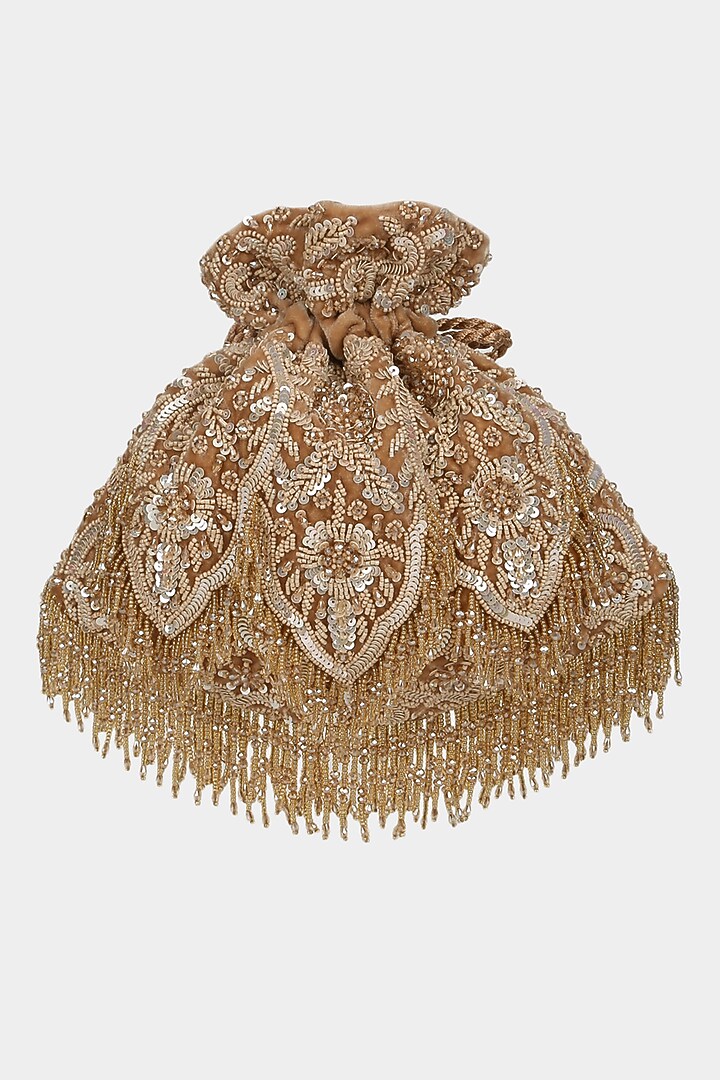 Tan Velvet Crystal Embroidered Potli by Aanchal Sayal at Pernia's Pop Up Shop