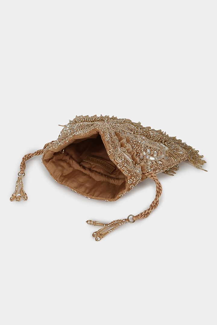 Tan Velvet Crystal Embroidered Potli by Aanchal Sayal at Pernia's Pop Up Shop