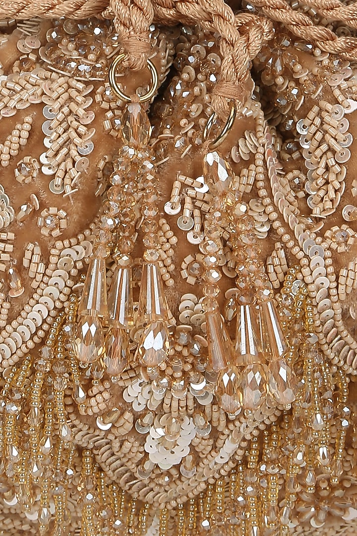 Tan Velvet Crystal Embroidered Potli by Aanchal Sayal at Pernia's Pop Up Shop