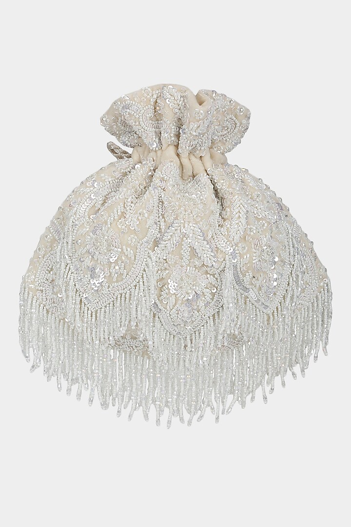 Ivory Velvet Crystal Embroidered Potli by Aanchal Sayal at Pernia's Pop Up Shop