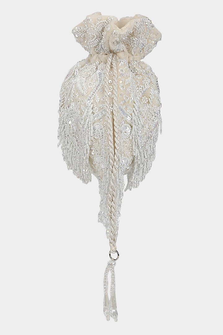 Ivory Velvet Crystal Embroidered Potli by Aanchal Sayal at Pernia's Pop Up Shop