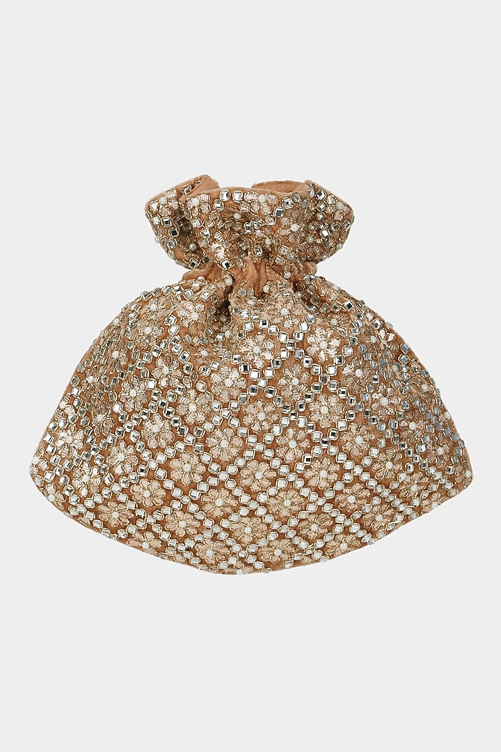 Tan Velvet Crystal Embroidered Potli by Aanchal Sayal at Pernia's Pop Up Shop