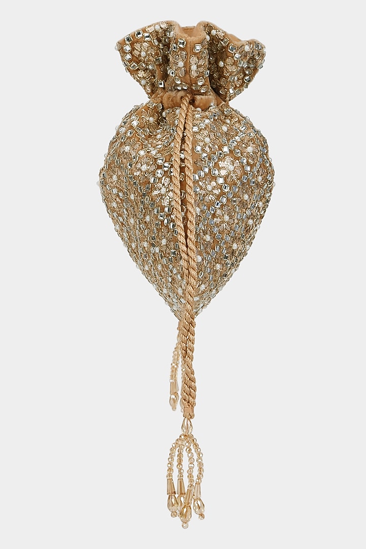 Tan Velvet Crystal Embroidered Potli by Aanchal Sayal at Pernia's Pop Up Shop