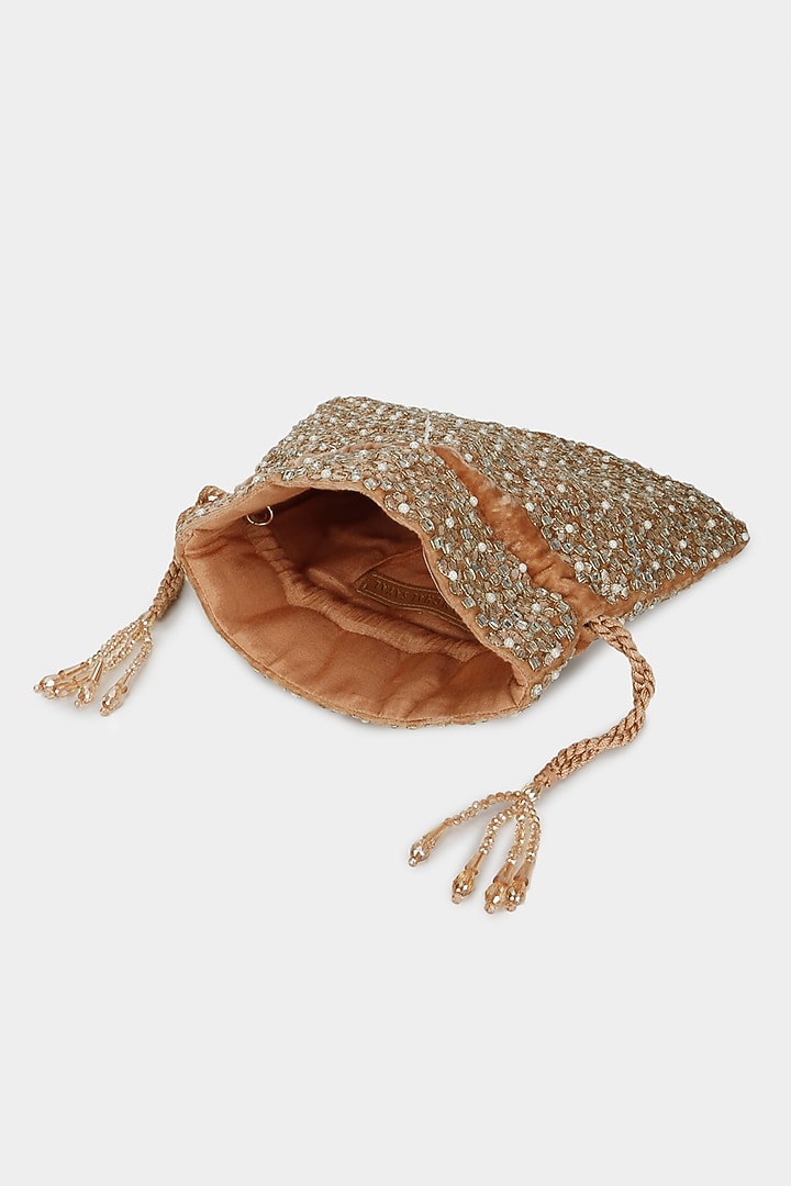 Tan Velvet Crystal Embroidered Potli by Aanchal Sayal at Pernia's Pop Up Shop