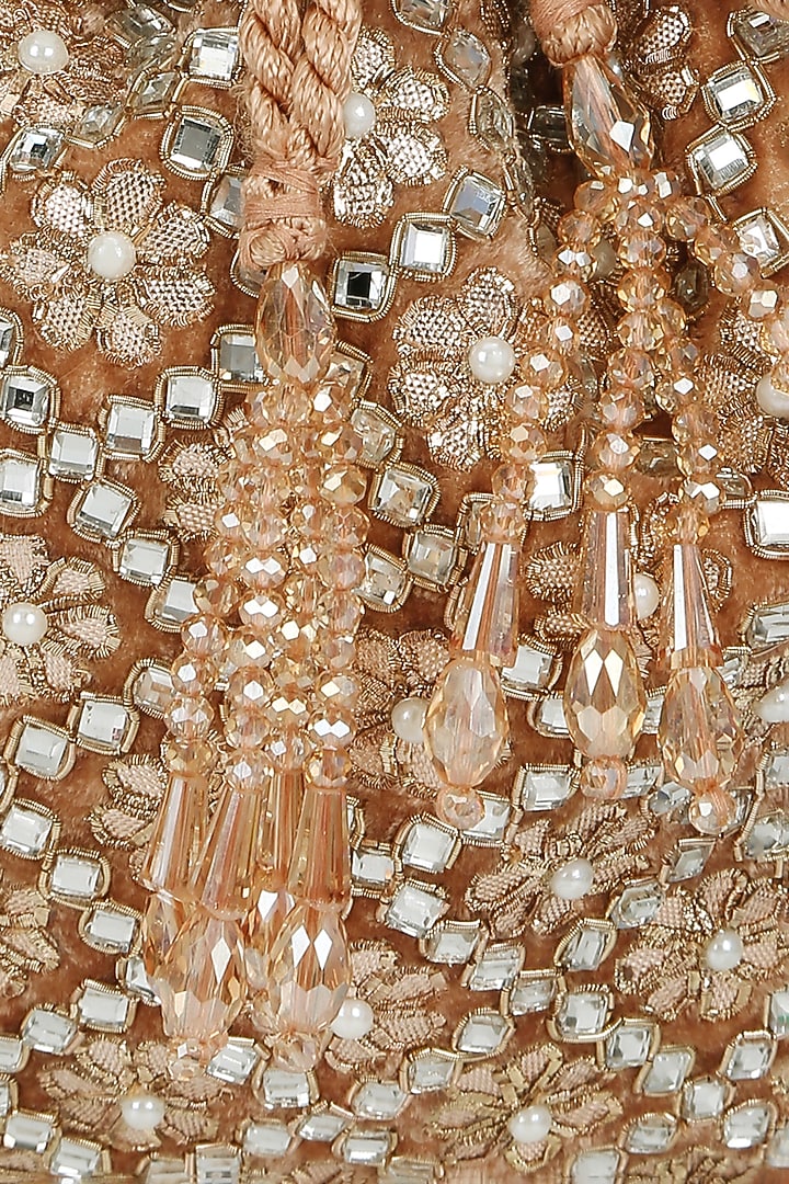 Tan Velvet Crystal Embroidered Potli by Aanchal Sayal at Pernia's Pop Up Shop