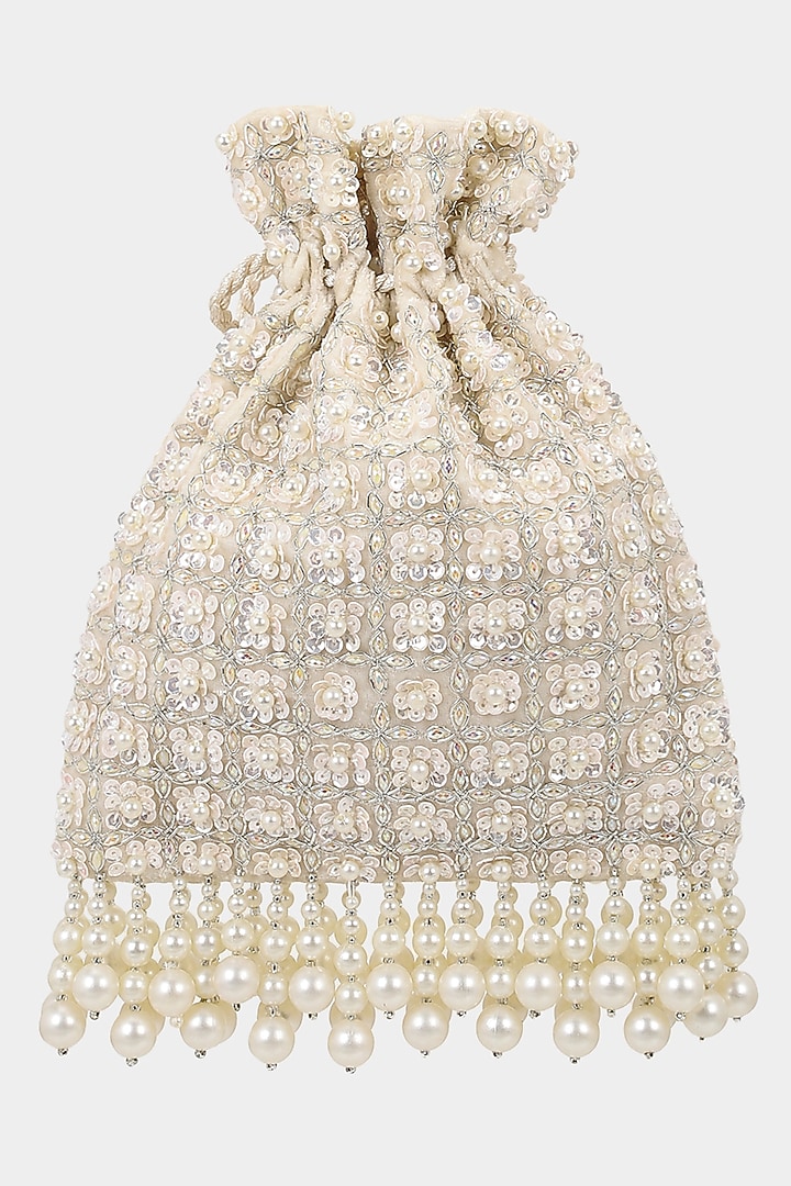 Ivory Velvet Embroidered Potli by Aanchal Sayal at Pernia's Pop Up Shop