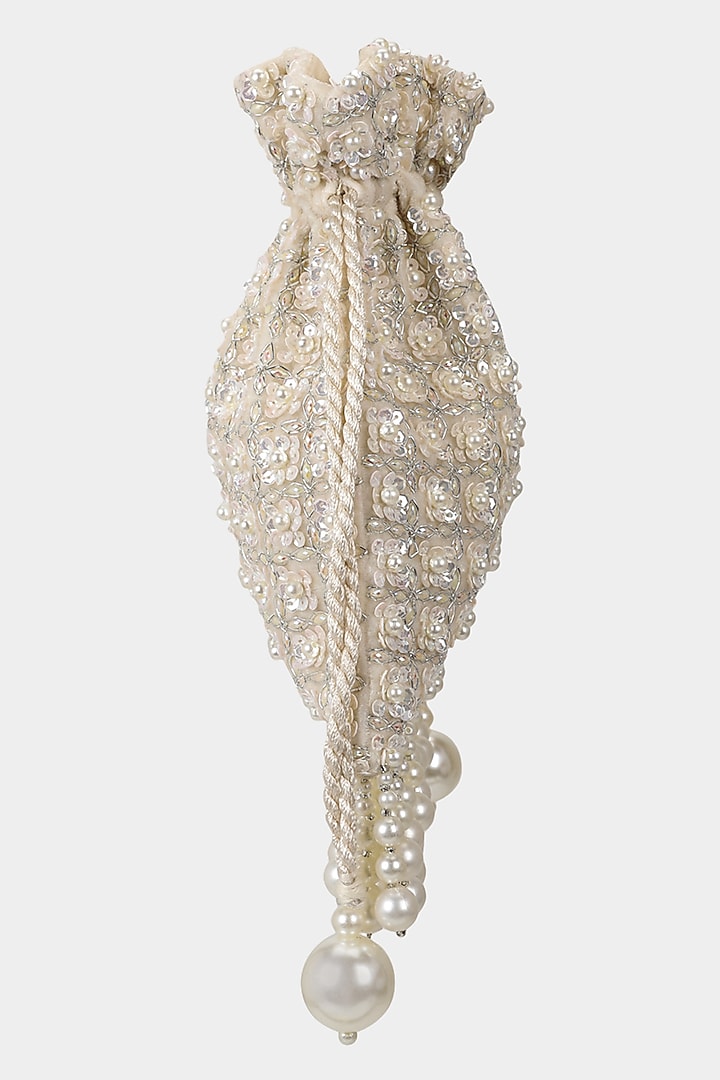 Ivory Velvet Embroidered Potli by Aanchal Sayal at Pernia's Pop Up Shop