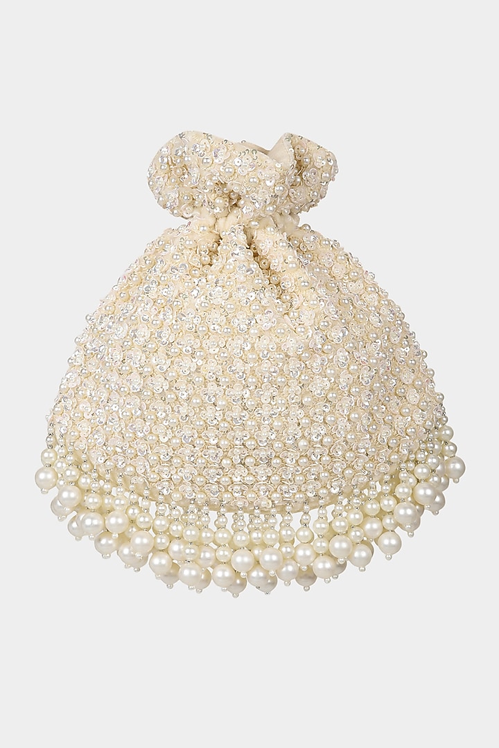 Ivory Velvet Sequins Embroidered Potli by Aanchal Sayal at Pernia's Pop Up Shop