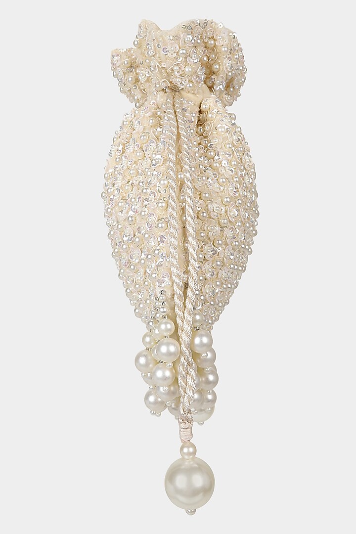 Ivory Velvet Sequins Embroidered Potli by Aanchal Sayal at Pernia's Pop Up Shop