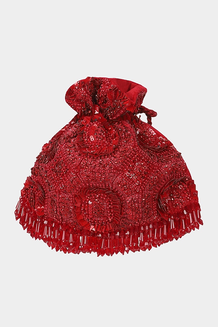 Red Velvet Sequins Embroidered Potli by Aanchal Sayal at Pernia's Pop Up Shop