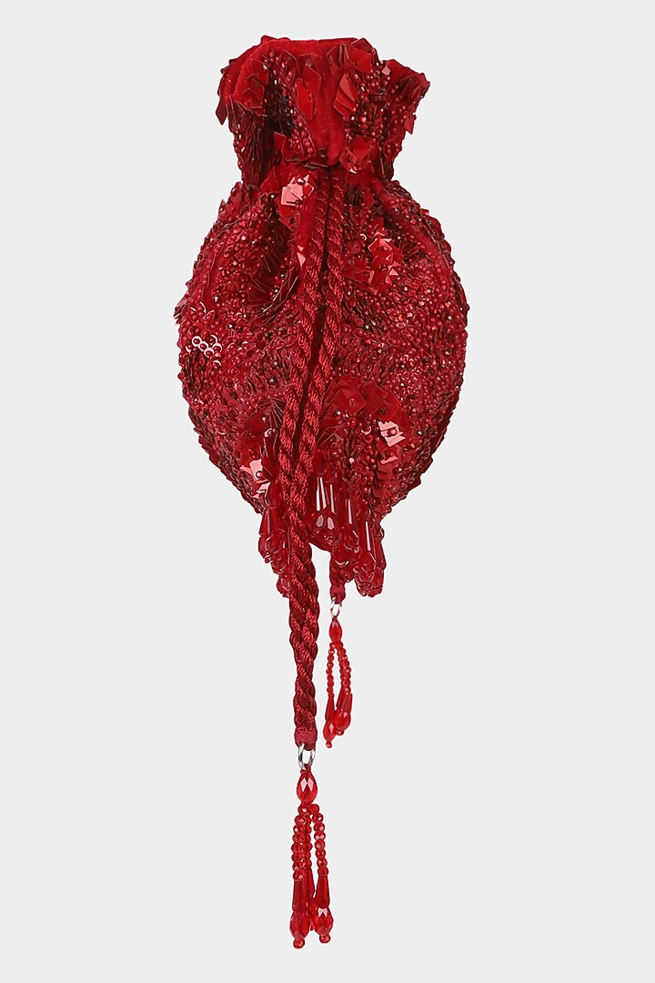 Red Velvet Sequins Embroidered Potli by Aanchal Sayal at Pernia's Pop Up Shop