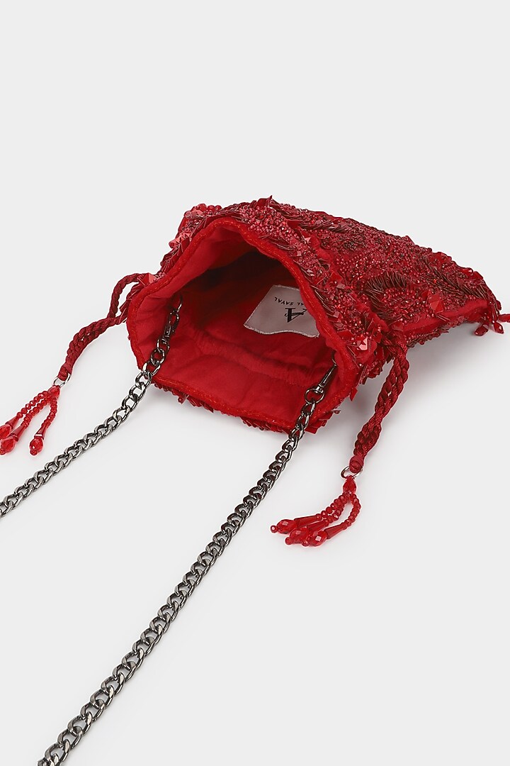 Red Velvet Sequins Embroidered Potli by Aanchal Sayal at Pernia's Pop Up Shop