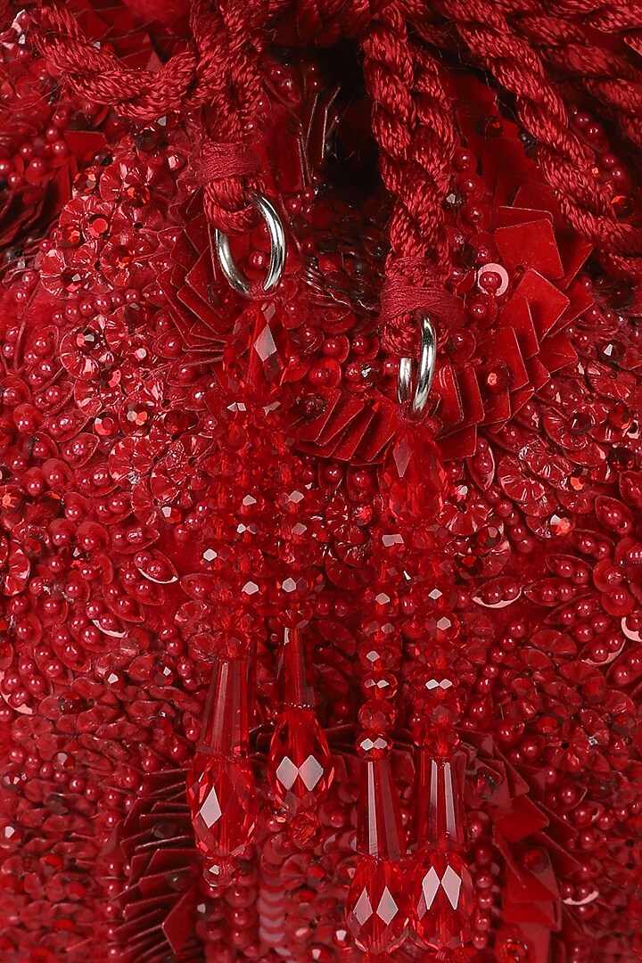 Red Velvet Sequins Embroidered Potli by Aanchal Sayal at Pernia's Pop Up Shop