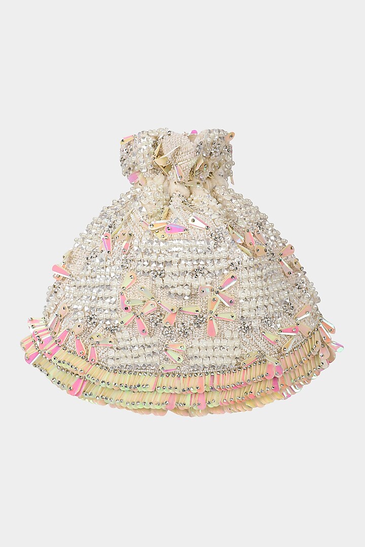 Ivory Velvet Pearl Embroidered Potli by Aanchal Sayal at Pernia's Pop Up Shop