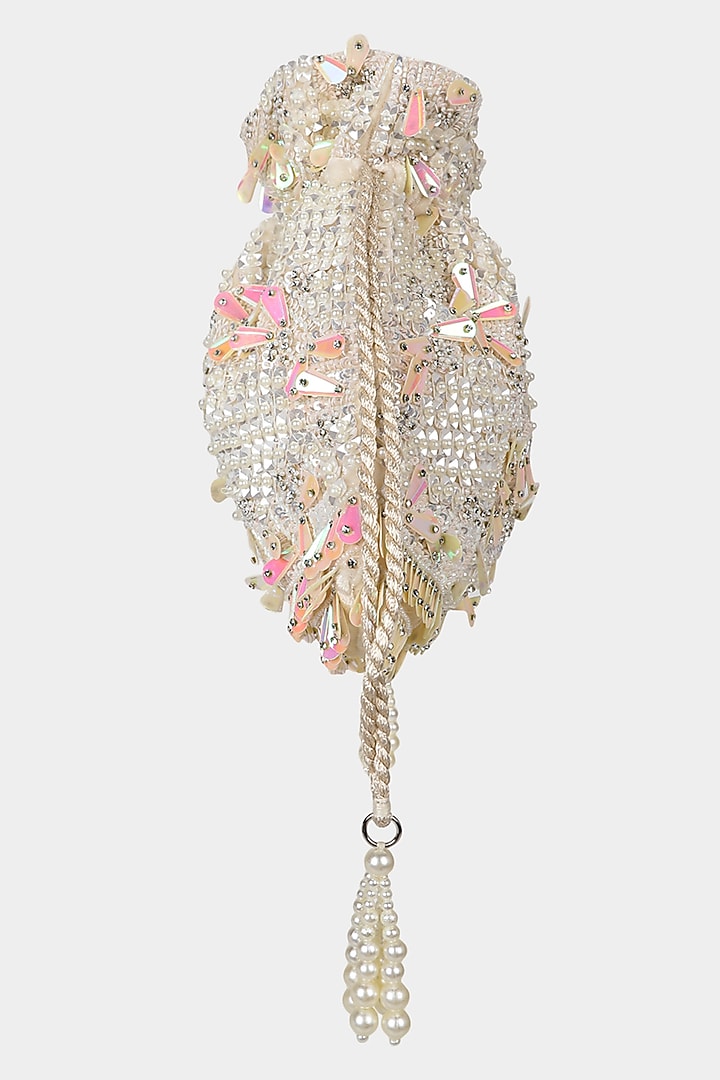 Ivory Velvet Pearl Embroidered Potli by Aanchal Sayal at Pernia's Pop Up Shop