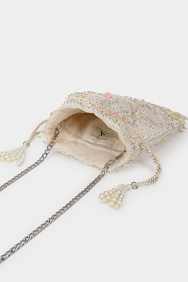 Ivory Velvet Pearl Embroidered Potli by Aanchal Sayal at Pernia's Pop Up Shop
