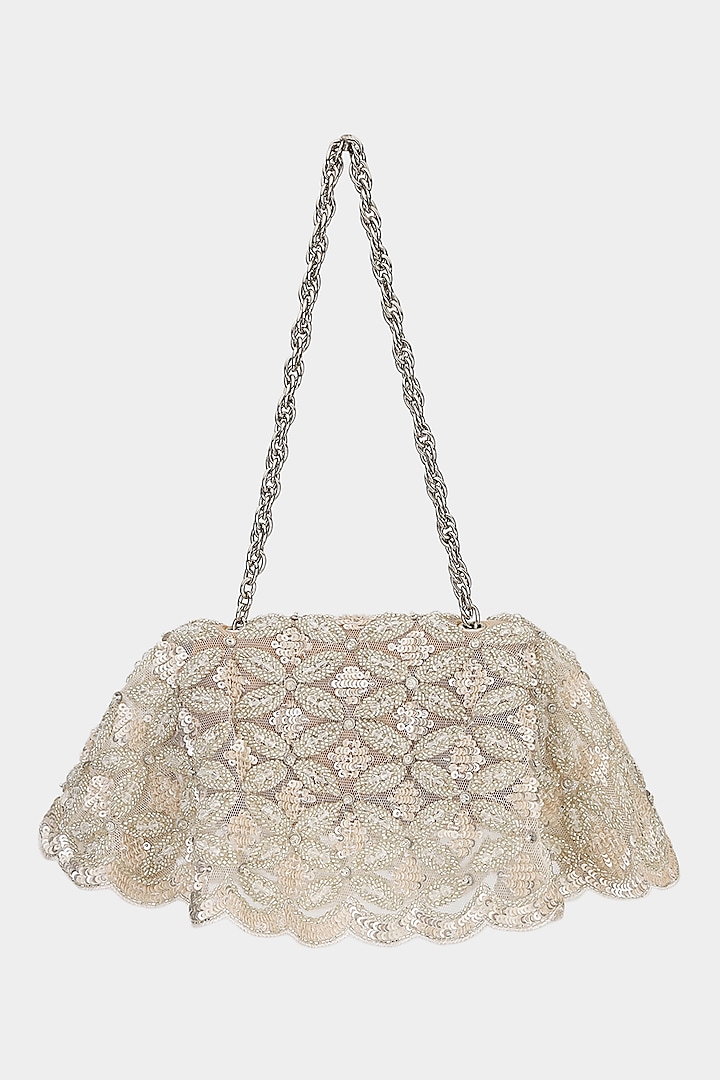 Silver Net Cutdana & Sequins Embroidered Structured Bag by Aanchal Sayal at Pernia's Pop Up Shop