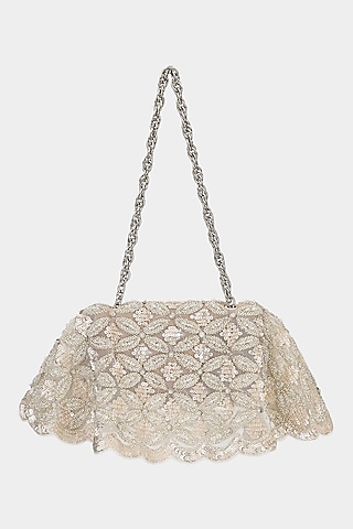 Silver Net Cutdana & Sequins Embroidered Structured Bag by Aanchal Sayal