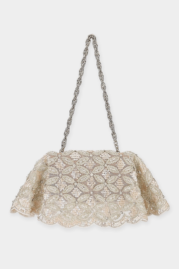 Silver Net Cutdana & Sequins Embroidered Structured Bag by Aanchal Sayal at Pernia's Pop Up Shop