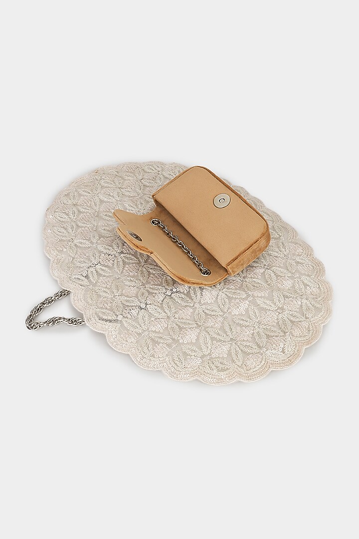 Silver Net Cutdana & Sequins Embroidered Structured Bag by Aanchal Sayal at Pernia's Pop Up Shop
