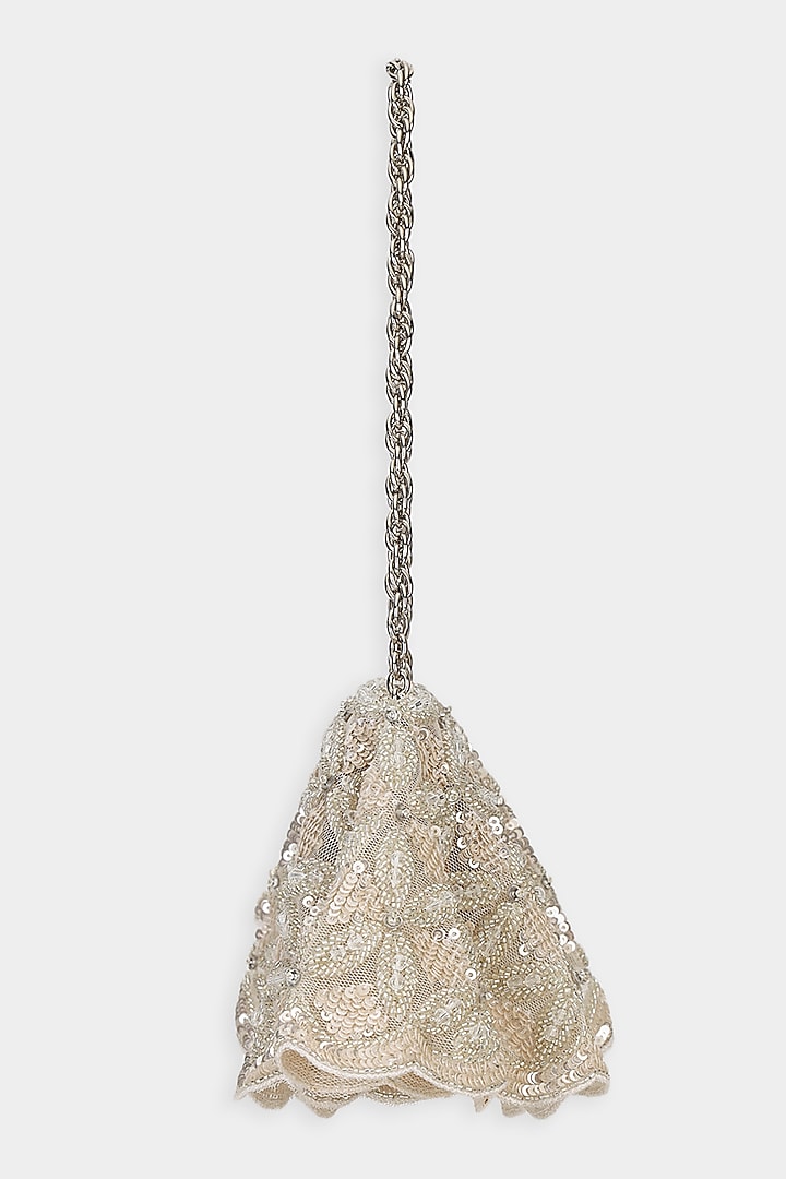Silver Net Cutdana & Sequins Embroidered Structured Bag by Aanchal Sayal at Pernia's Pop Up Shop